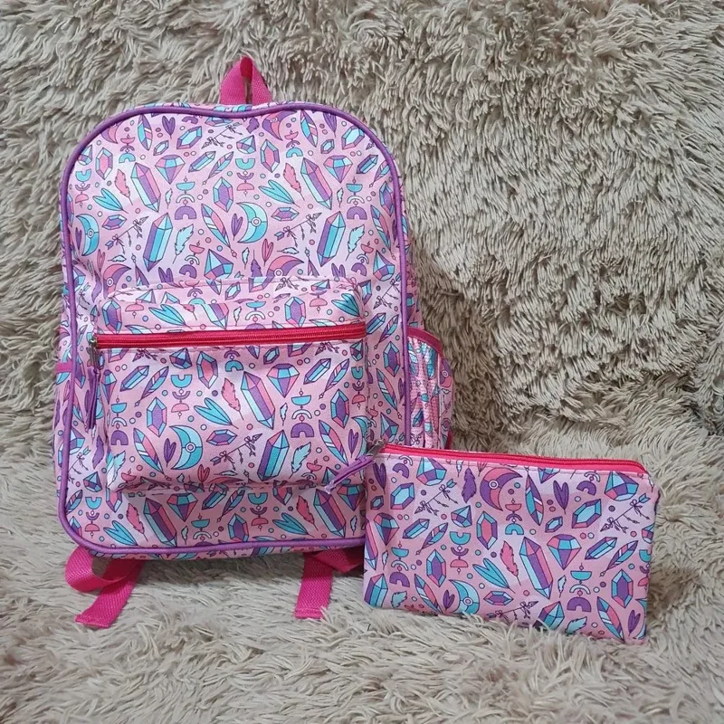 Mochila y cartuchera grande con bolsillo frontal, con cartuchera · hojas rosas